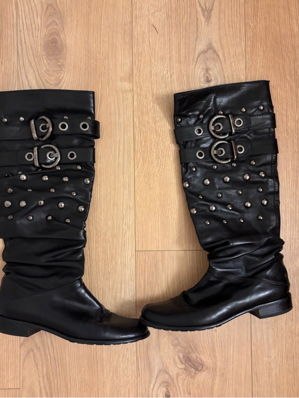 Stuart Weitzman Black Biker Studded Knee High Boots Calf Leather